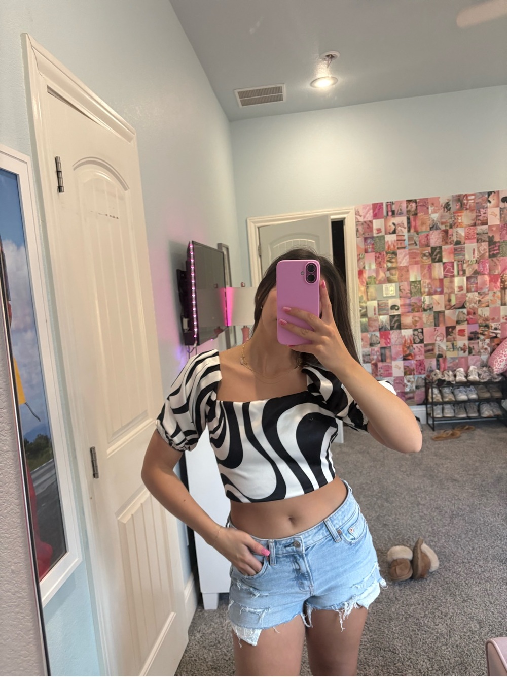 june & hudson Black and White Zebra-Print Puff Sleeve Crop Top